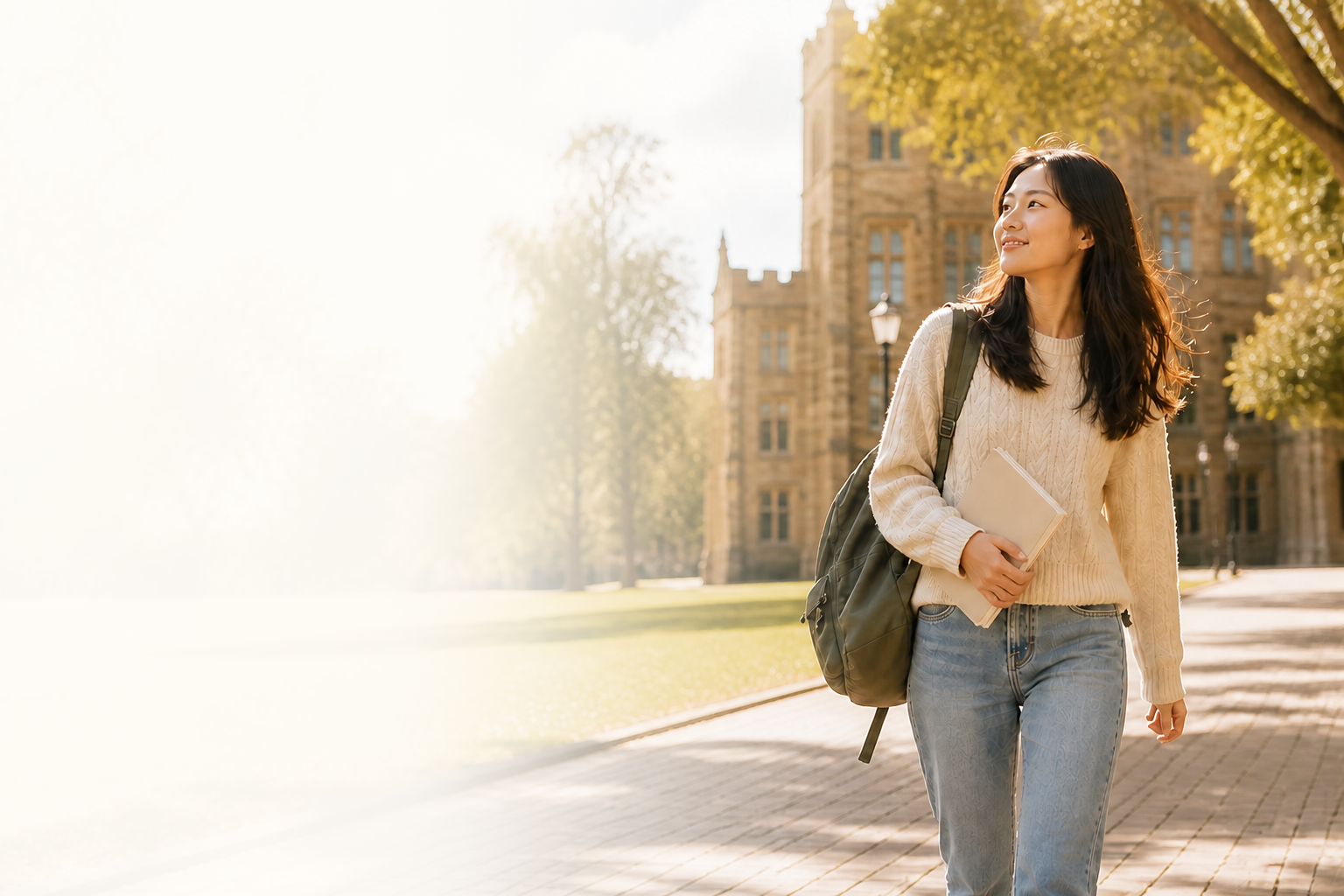 一位中国学生在澳洲大学校园中自然行走